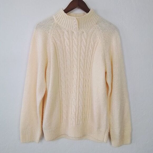 Y2K Karen Scott Sweater Large Yellow Cable‎ Knit Mock Neck Long Sleeve Vintage - Picture 1 of 12